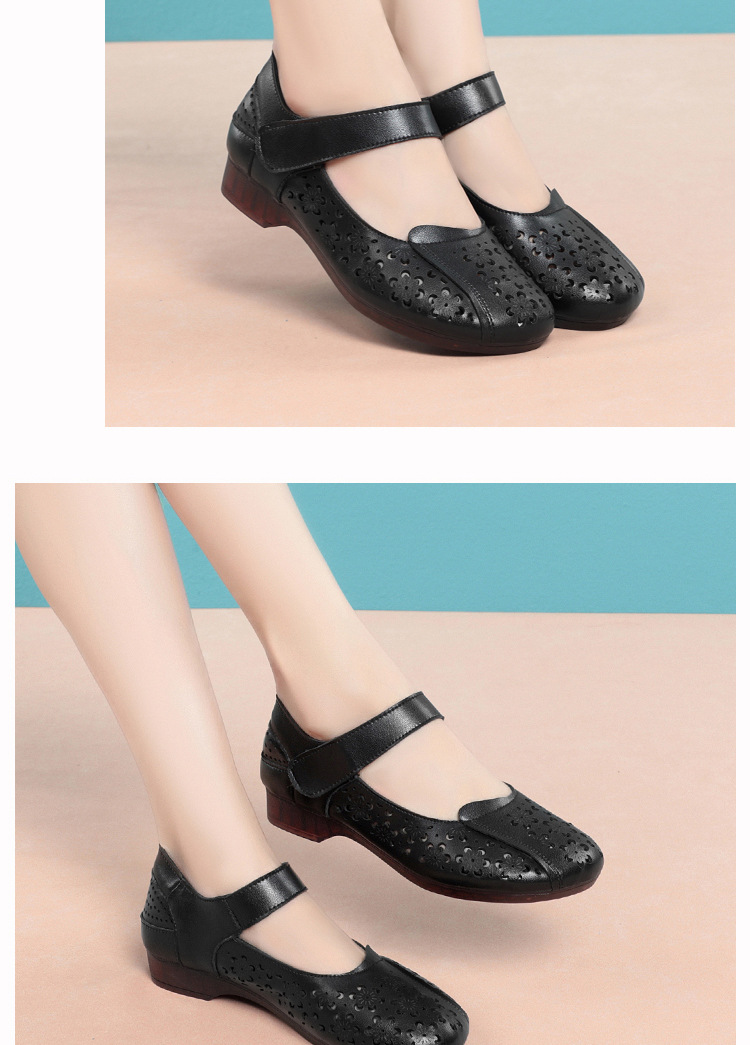 Sandal da thật mùa hè cho nữ trung niên đế mềm chống trượt — Màu đen chi tiết 11