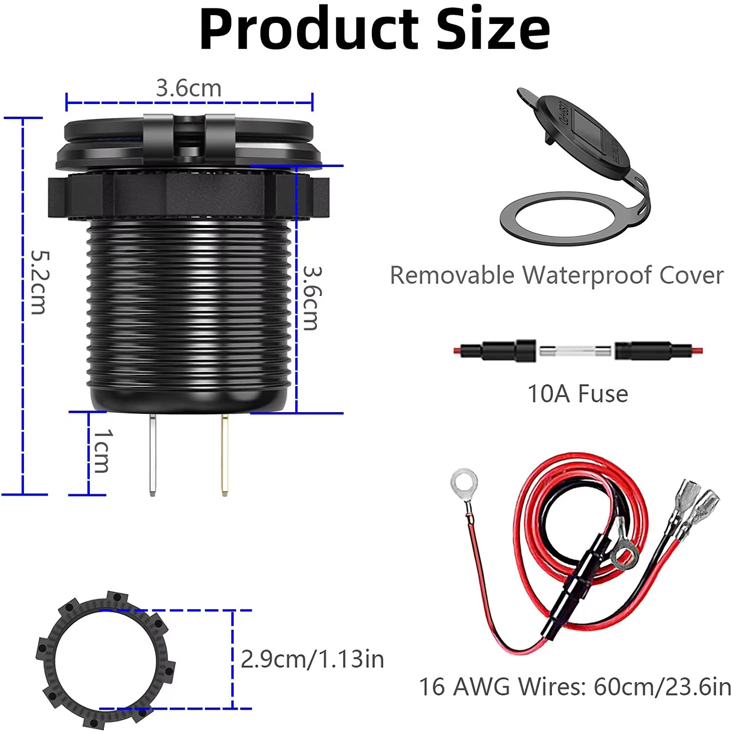 Adecuado para automóvil, automóvil, motocicleta, barco, cargador de automóvil modificado, enchufe USB, interfaz QC3.0 PD a prueba de agua