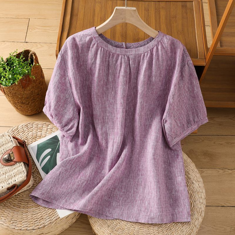 Real Shot of Plaid Babydoll Yarn-Dyed Fine Hemp Top Loose Short-Sleeved T-Shirt Literary Retro Casual