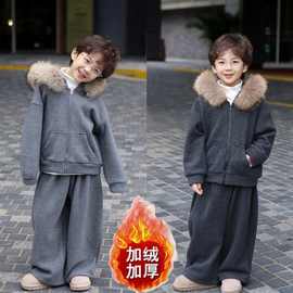 男女童秋冬加绒加厚毛领套装2025新款洋气外套中大童带帽两件套