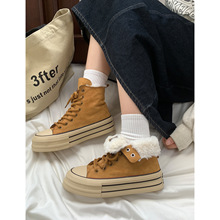 冬季毛毛高帮帆布鞋女加绒保暖棉鞋学生厚底板鞋2025新款雪地靴女