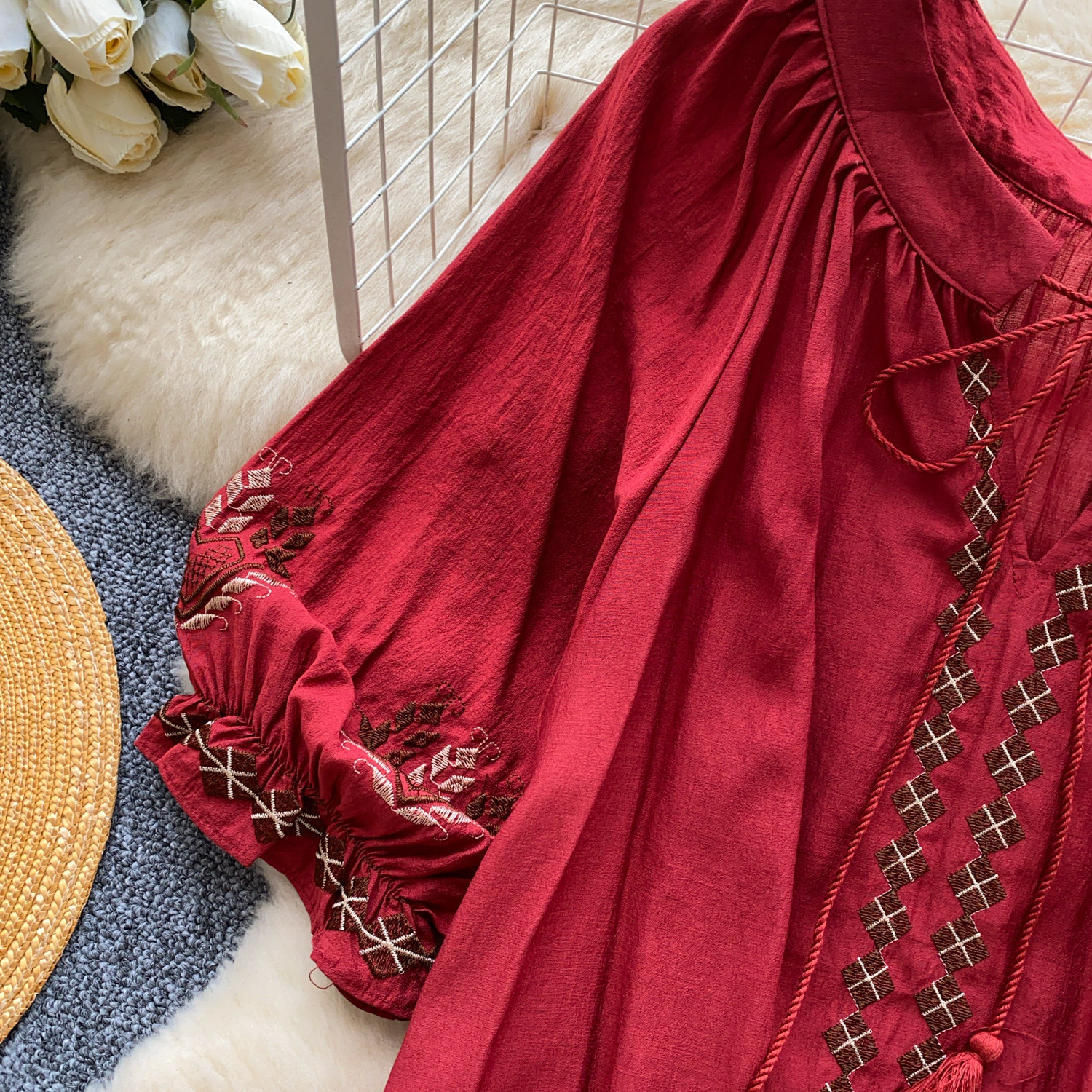 Elegant French Style Blouse for Women Red Embroidered Puff Sleeve Loose Fit Tie Waist Babydoll Top Spring Fashion_ecoleips.com