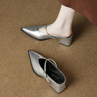 Sheepskin Version 6001-11 New Baotou Half Slippers for Women Summer Outer Wear High Heels Versatile Pointed Toe Sandals