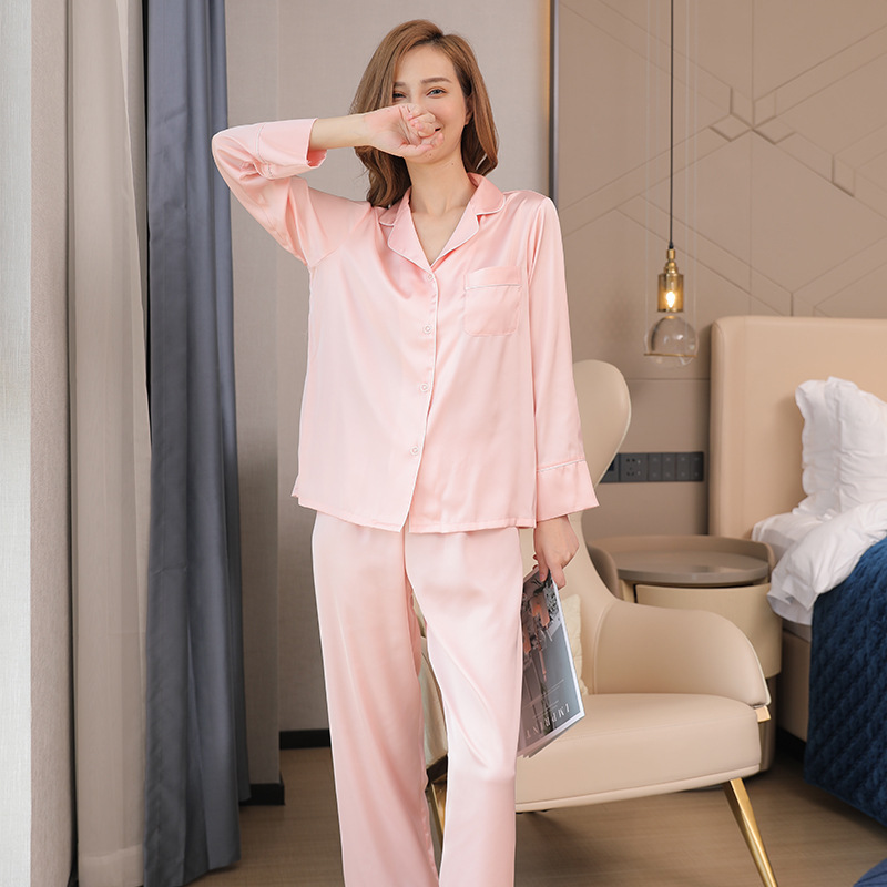 Lapel Ice Silk Pajamas Women's Long-Sleeved Trousers Spring and Autumn Thin Imitation Silk Chiffon Can Be Worn Outside Home Clothes Set Wholesale Lapel Ice Silk Pajamas Women's Long-Sleeved Trousers Spring and Autumn Thin Imitation Silk Chiffon Can Be Worn Outside Home Clothes Set Wholesale