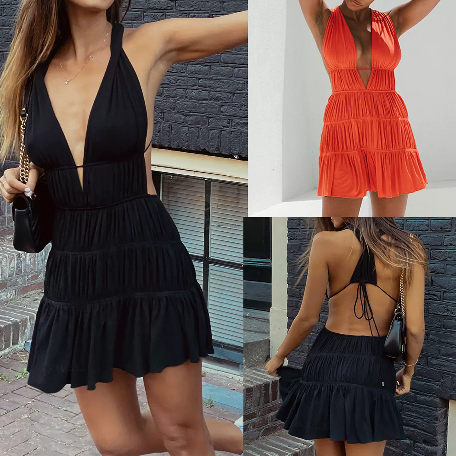 度假风连衣裙 收腰深V露背性感纯色挂脖吊带短裙女装新款裙子3348