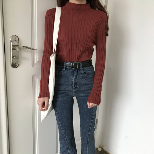 Pit-Striped Half-High Neck Base Shirt for Women | Autumn/Winter White Stylish All-Match Top + Black Knitted Sweater