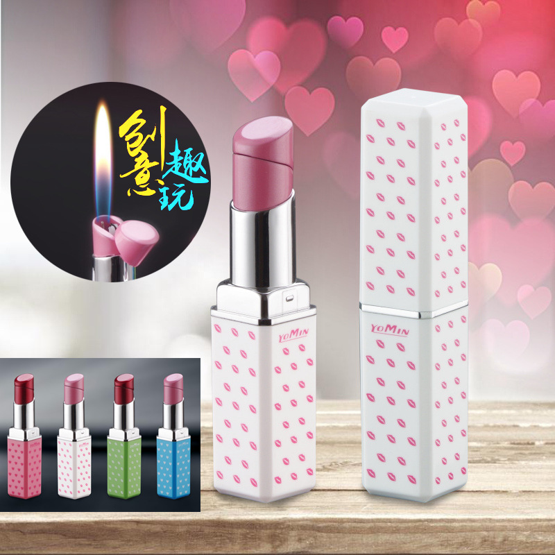 YM079创意造型女士口红打火机 带盖塑料充气明火打火机 地摊热销