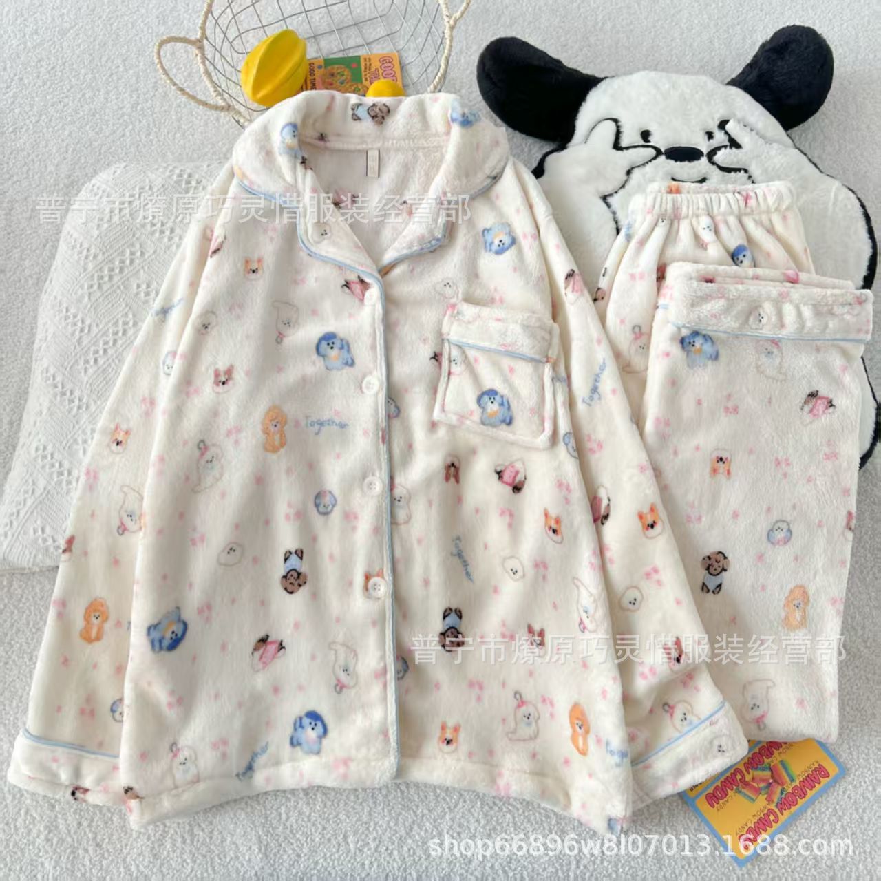 Franela otoño y invierno nueva linda niña caliente y gruesa dulce kitty gato suelto conjunto de pijamas se puede usar fuera