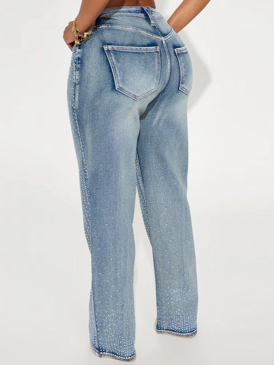 Women's Fashion Rhinestone Embellished Wide Leg Jeans, High Waist Straight Denim Pants, Sparkly Casual Trousers For Party, Vacation & Street Sty Jeans_voghion.com