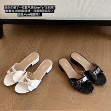 做货中苏家同款王妃拖~超贵气4cm粗跟鳄鱼纹锁扣拖鞋女夏凉拖外穿