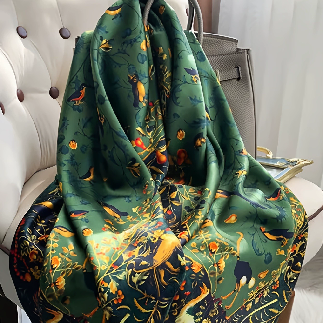 2025 трансграничная новая европейская и американская 1 штука 43,3 квадратная элегантная атласная шаль с цветочным принтом