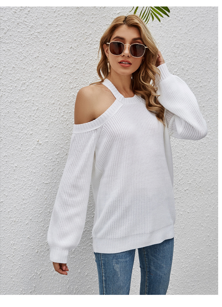 New Women Sexy Lantern Sleeve Off-Shoulder Solid Color Sweater