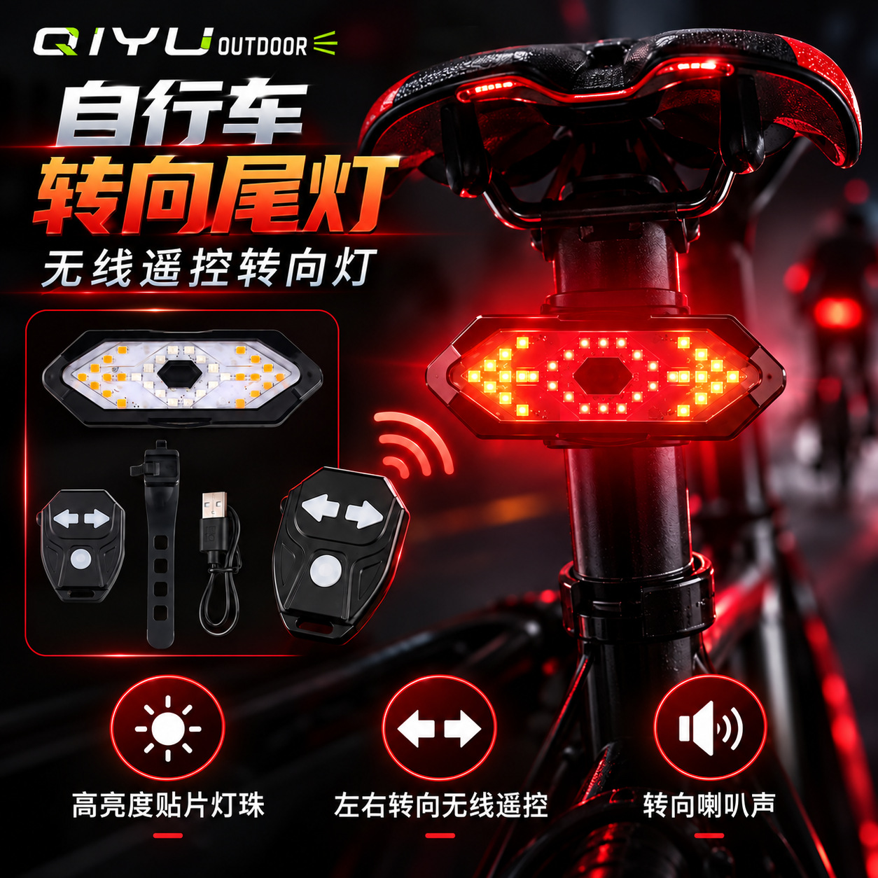 Luz de giro de la bicicleta carga USB transfronteriza con cuerno luz de advertencia de conducción nocturna 32led control remoto inalámbrico luz trasera de dirección image 3