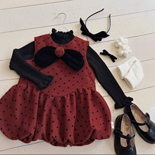 女童洋气套装年服25冬装新款女宝宝加绒圆点灯笼背心裙毛衣两件套