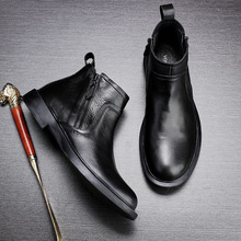 冬季马丁靴男士真皮加绒潮牛皮英伦圆头短靴高帮靴子百搭切尔西靴