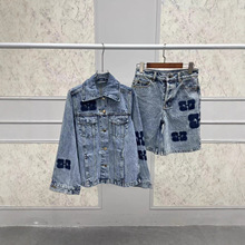 GA家两件套装早秋新款蝴蝶LOGO翻领喇叭袖牛仔外套北欧高腰短裤女