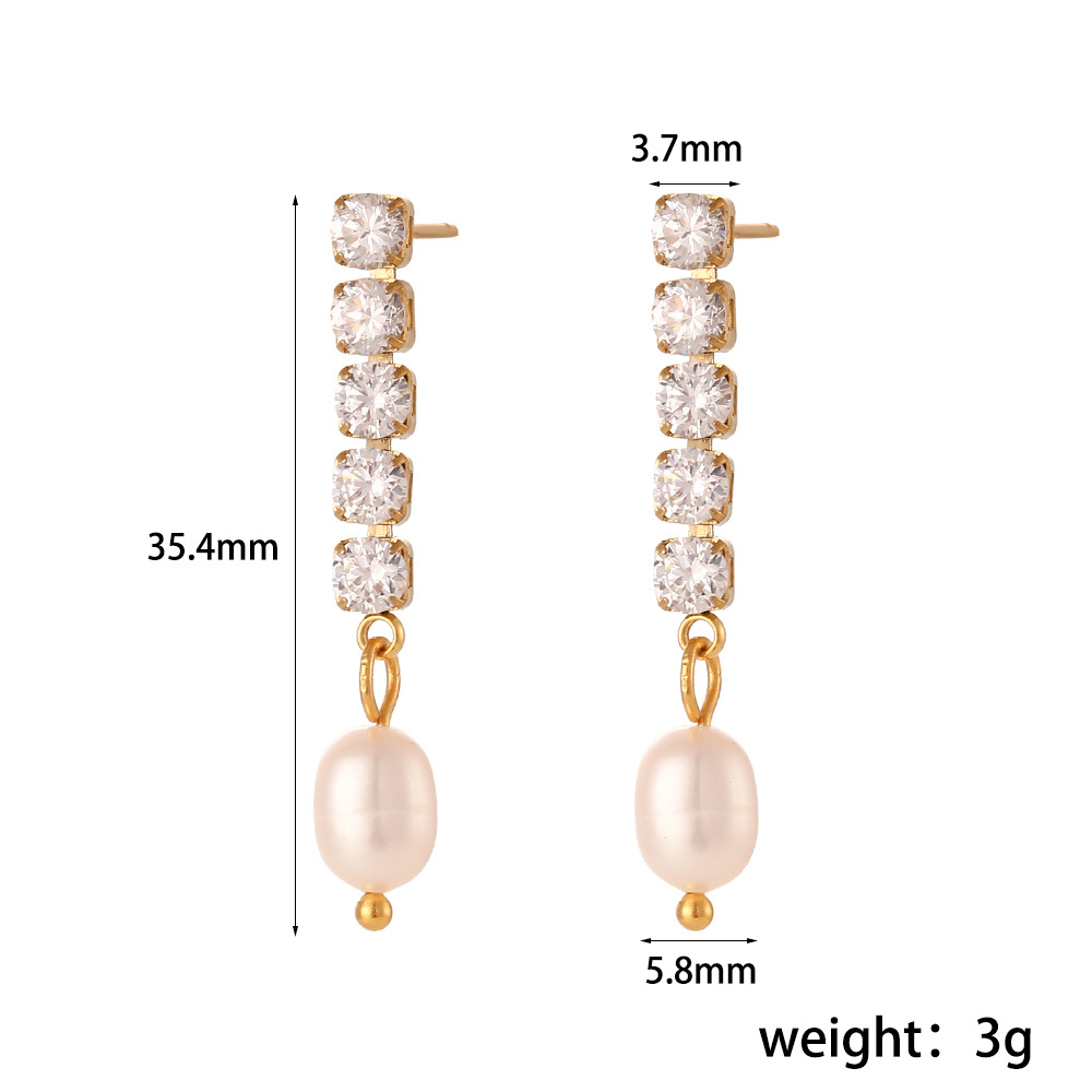 Zircon Chain Freshwater Pearl Stainless Steel Earrings