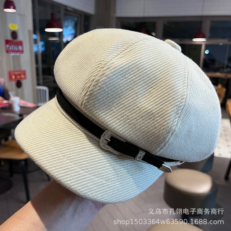 复古英伦风毛呢八角帽女秋冬百搭显脸小报童帽时尚金属皮扣贝雷帽|undefined