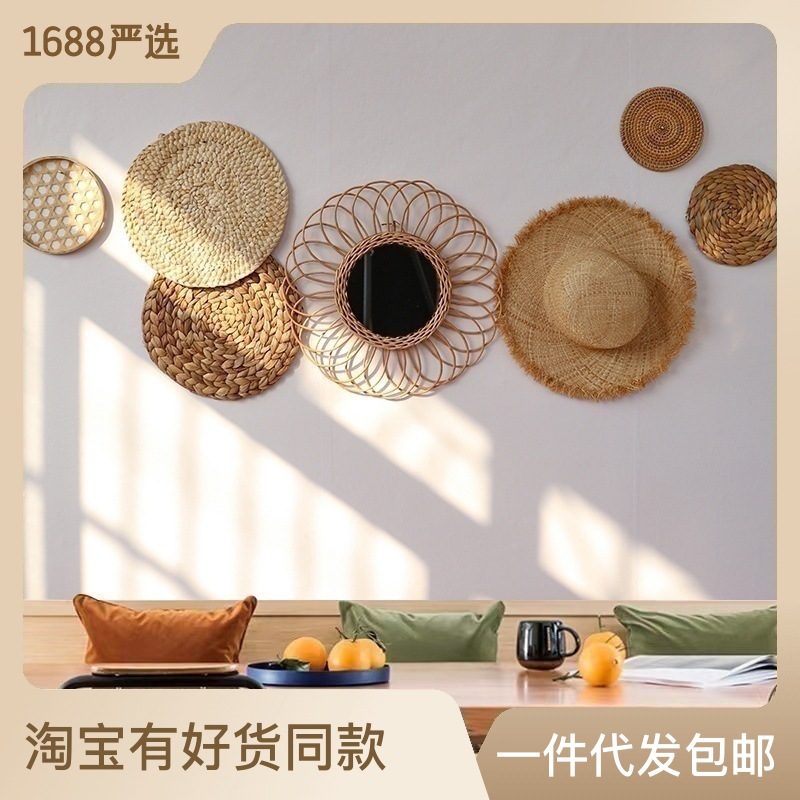 Decoración de pared bohemia escandinava ins, colgante de ratán para el hogar, decoración de pared de salón, colgante de pared