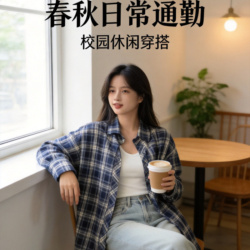 Retro Hong Kong-style plaid shirt, spring, summer, autumn jacket, loose, sweet, casual, Korean-style top, long-sleeved sun protection shirt