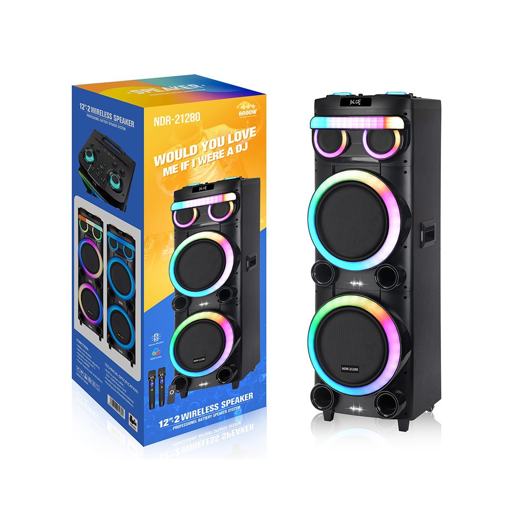 NDR - 21280 altavoz bluetooth doble 12 pulgadas altavoz micrófono inalámbrico portátil tarjeta de baile cuadrado sonido RGB luz de color