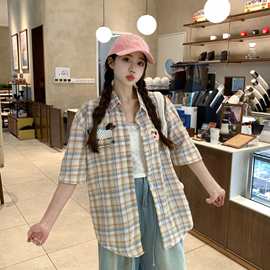 美式趣味小狗毛巾绣格子短袖衬衫女夏季宽松休闲衬衣独特上衣