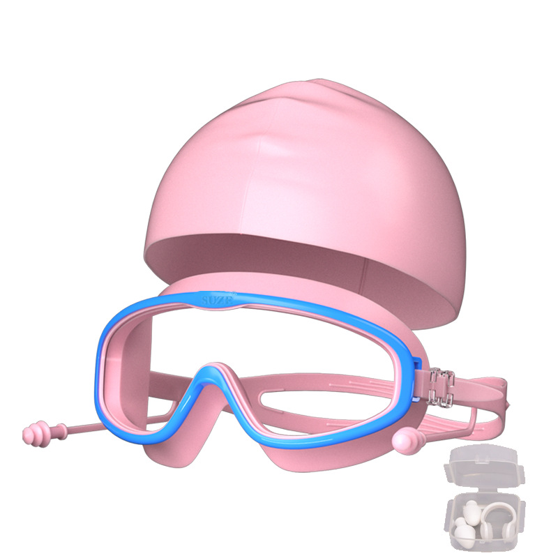5~16세 어린이 모델 - 파란색과 분홍색 투명 수영 고글 + 분홍색 수영 모자 + 가방 + 귀마개 및 코 클립 세트