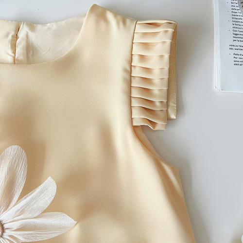 Summer 2025 Loose-Sleeveless Dress for Girls - Korean Style, Chic and Stylish with 3D Petal Pleated Satin Backless Dress