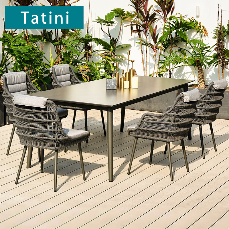 Patio al aire libre ocio Ratán mesas, sillas, terrazas y jardines combinación de muebles de mesa larga de paneles de roca impermeables y solares al aire libre