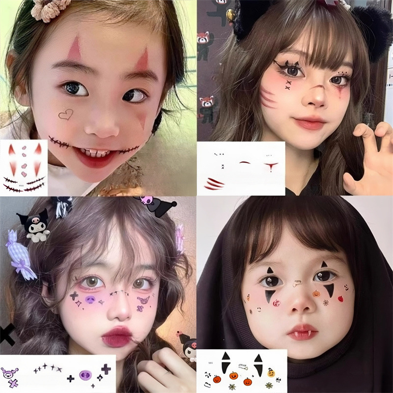 Halloween temporary tattoos for kids: pumpkin, skull, and realistic-looking facial scars, fake wound and scar makeup stickers