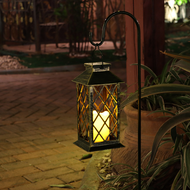 Lámpara solar de plástico para manualidades, linterna hueca con diseño de palacio, decoración navideña para jardín exterior, lámpara colgante con efecto de llama solar.