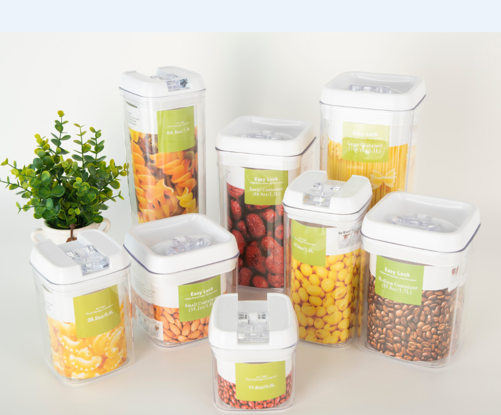 Set di 8 contenitori quadrati per alimenti, contenitori da cucina ermetici in plastica PS senza BPA con chiusure di sicurezza, contenitori trasparenti impilabili_voghion.com