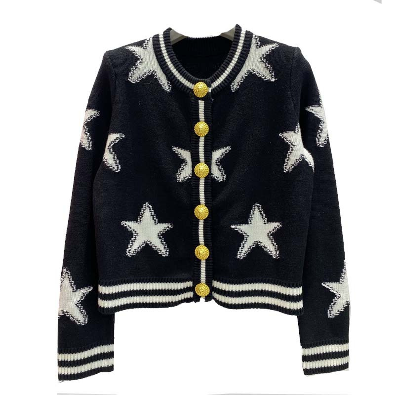 狮子头大金扣提花五角星洋气小香风圆领外套女2024春新款开衫爆