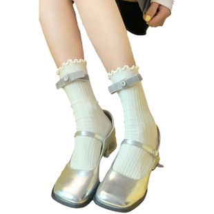 2023 Japanese Wood-ear Mid-length Socks Autumn and Winter Double-layer Bow Socks Vertical Strip Sweet Pile Socks Girls