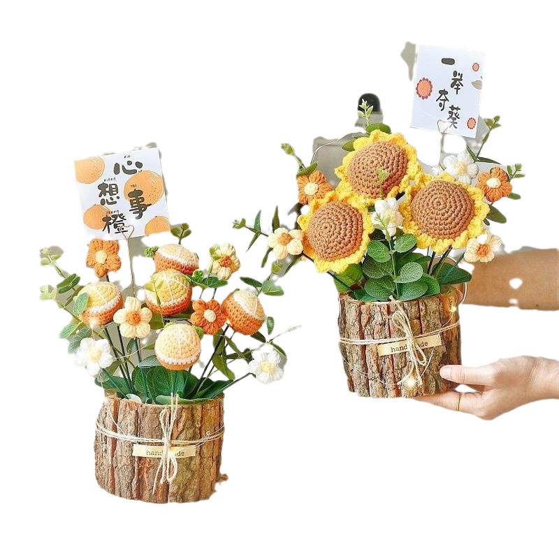 Caqui hecho a mano trenzado girasol ramo creativo frutas bayas tejido lana adornos