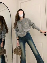法式复古小香风灰色针织开衫毛衣女软糯高级感慵懒风外套上衣秋冬