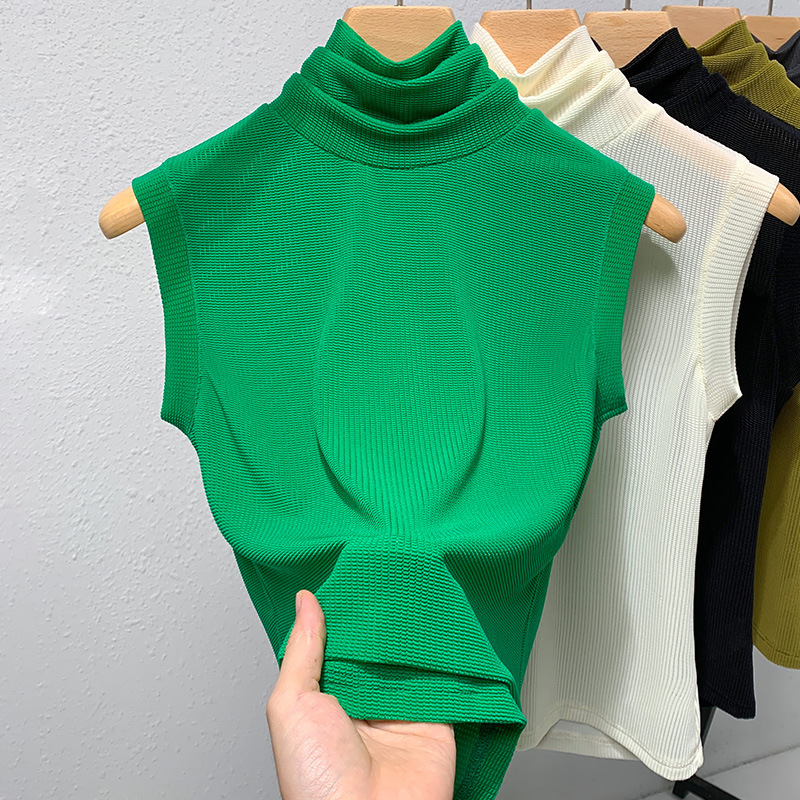 Las mujeres cuello alto Chaleco de malla 2023 nuevas elegante interior estilo occidental pequeña camisa color sólido cintura sin mangas top