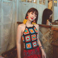 Bohemian Goddess Resort: Sanya Seaside Halter Bikini, Strappy Design, Ethnic Style, Handmade Crochet-Embroidered Vest