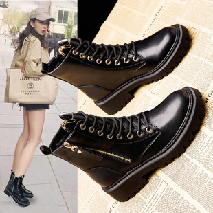 Women's British Style Thick-Soled Short Boots with Internal Height Increase, Genuine Leather Motorcycle Boots with Fleece Lining, Waterproof, Winter 2025