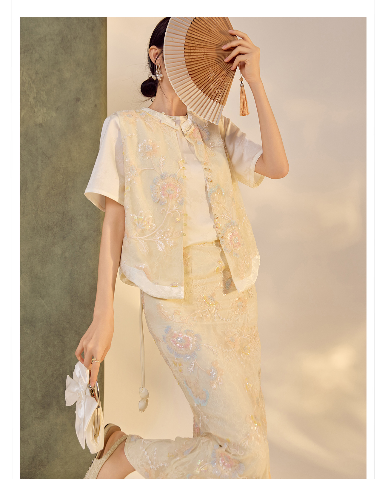 Bộ áo vest và váy nữ phong cách Trung Hoa thêu hoa văn nặng, nút tua rua ZX N5035 — Váy nửa, Áo gilê chi tiết 8