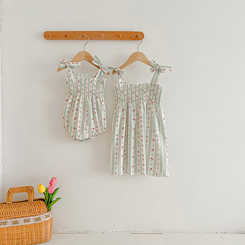 Floral Print Girls' Summer Dress Sister Set Korean Style Butterfly Strap Princess Dress Baby Girl Bodysuit T-shirt