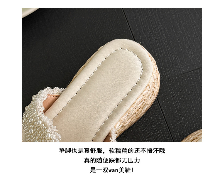 Dép sandal xỏ ngón nữ đế bệt cao 5 cm phong cách Pháp đính ngọc trai và đá — màu trắng ngà, màu mơ chi tiết 6