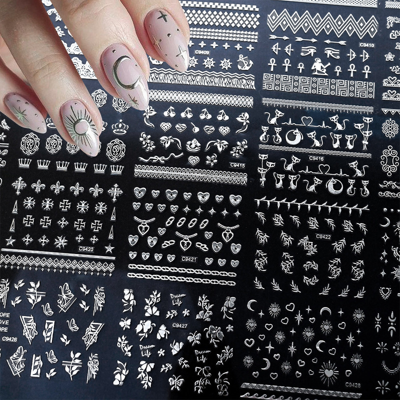 Gold and Silver Egyptian Cat 30 Small suit Nail Art Sticker Plaid Star Moon Egyptian Cat Mixed Women Nail Decoration
