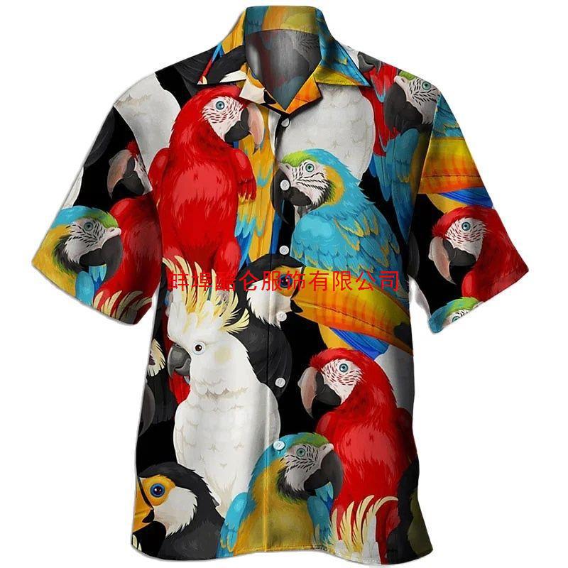 Cross-border foreign trade summer new men's short-sleeved lapel shirt 3D digital printing Parrot Bird Series