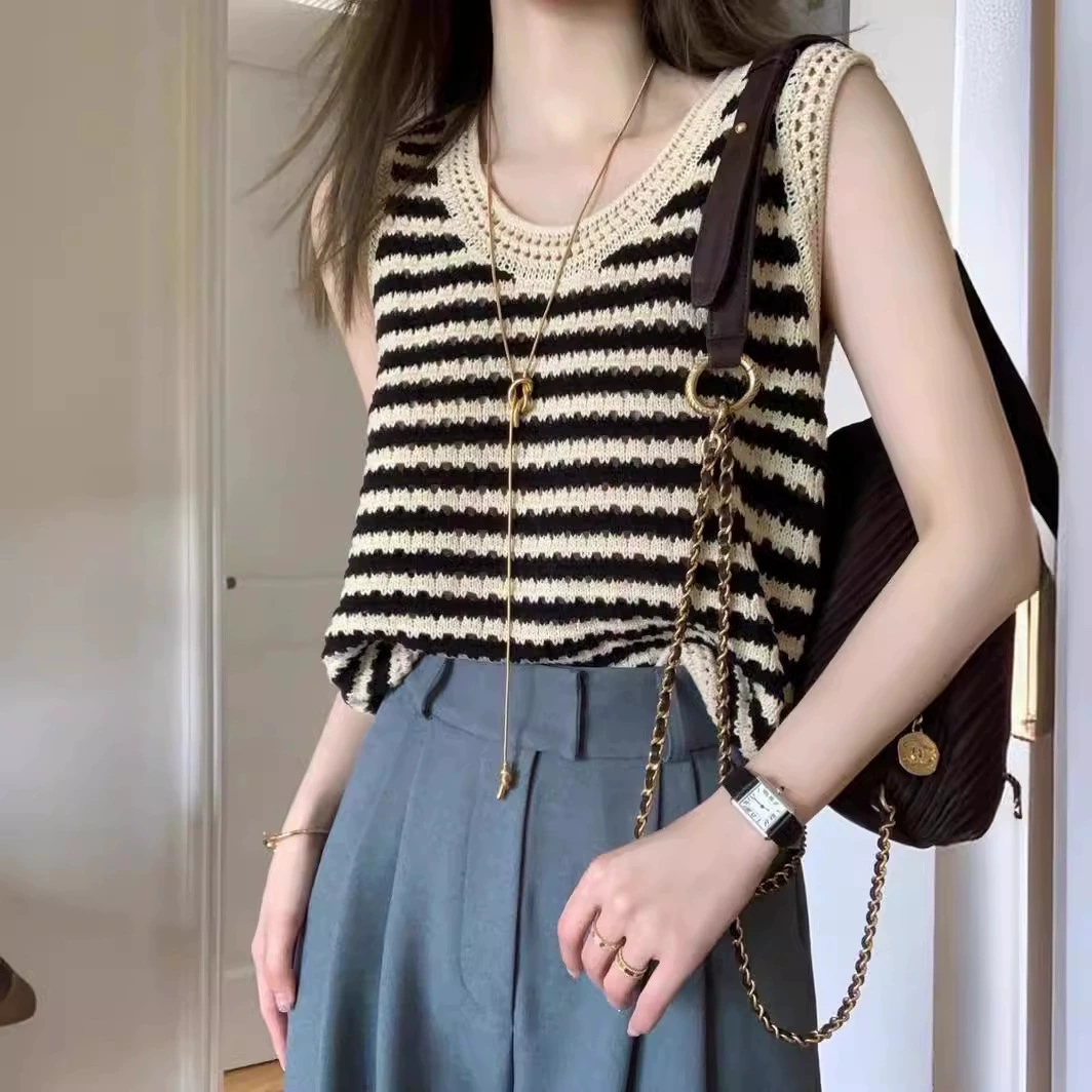Трикотажная камисоль в полоску, женская летняя верхняя одежда, дизайнерская ниша, ледяная шелковая футболка, жилет, топ без рукавов, тонкий