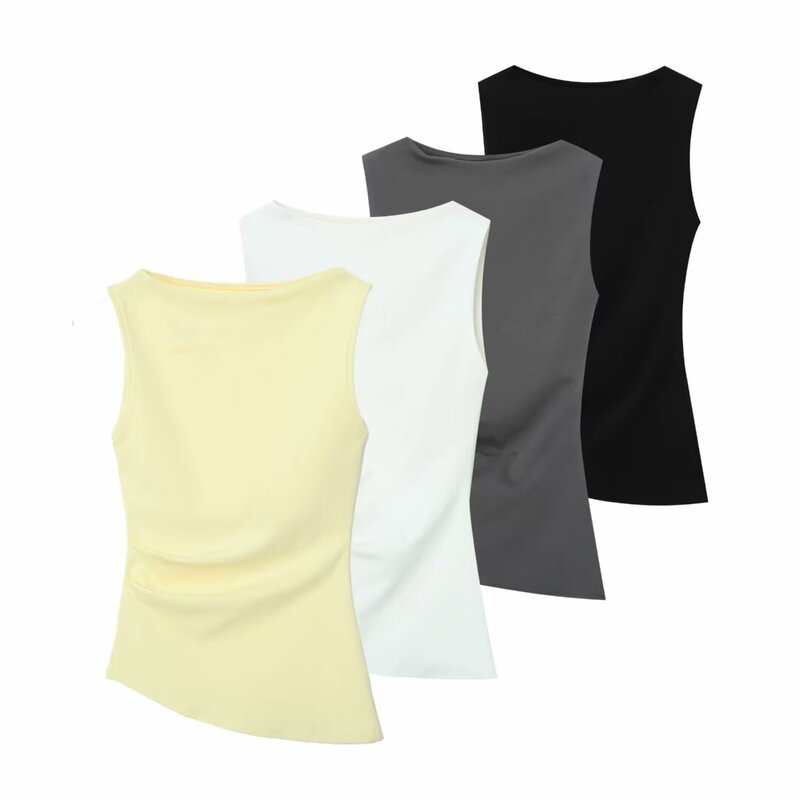 Pb&Za Women's 2025 Summer New Multi-Color Pleated Asymmetric Boat Neck Sleeveless T-Shirt 4424311