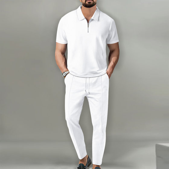 2025 spring and autumn new European and American foreign trade men's solid color suit waffle lapel short sleeve zipper trousers suit