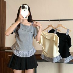 卸売【5色40番手レーヨン】斜め肩ウエスト痩身継ぎ接ぎ半袖Tシャツ女性用夏シックなデザイン