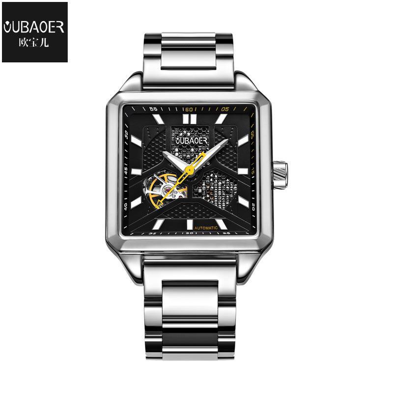 Oubaoer reloj mecánico automático reloj de hombre de moda hueco impermeable banda de acero reloj cuadrado 2003A