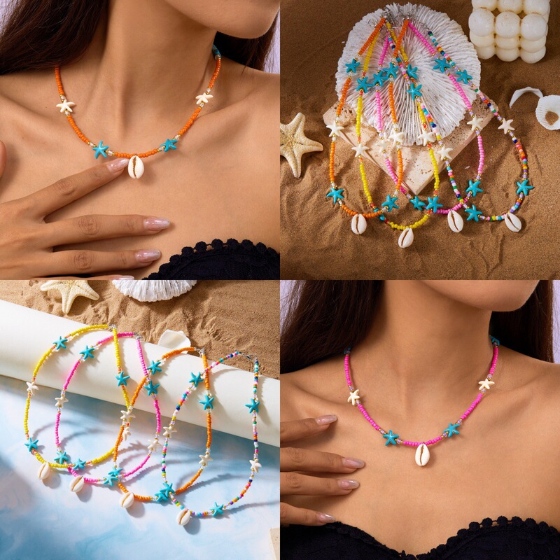 European and American Style Personality All-match Starfish Pendant Rice Beaded Necklace Women's Bohemian Beach Style Short Clavicle Neck Chain